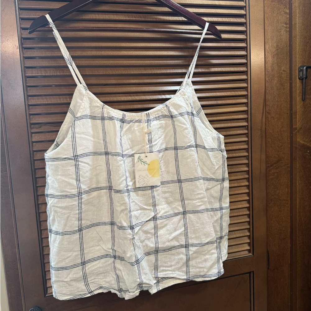 Thread & Supply White Tank Top with Navy Windowpane Check